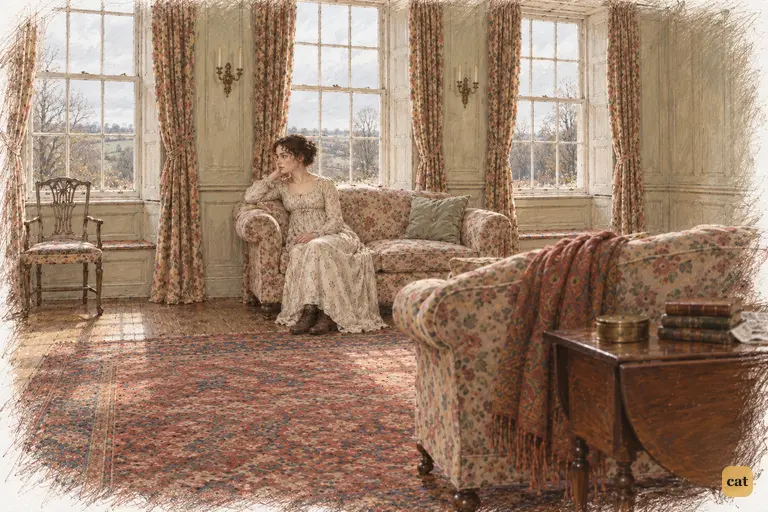 Elizabeth sits alone at the drawing-room window, wounded by Charlotte's decision