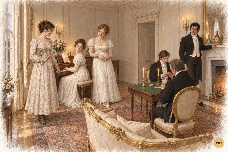 Caroline Bingley takes her place at the piano-forte as Elizabeth courteously declines to lead.