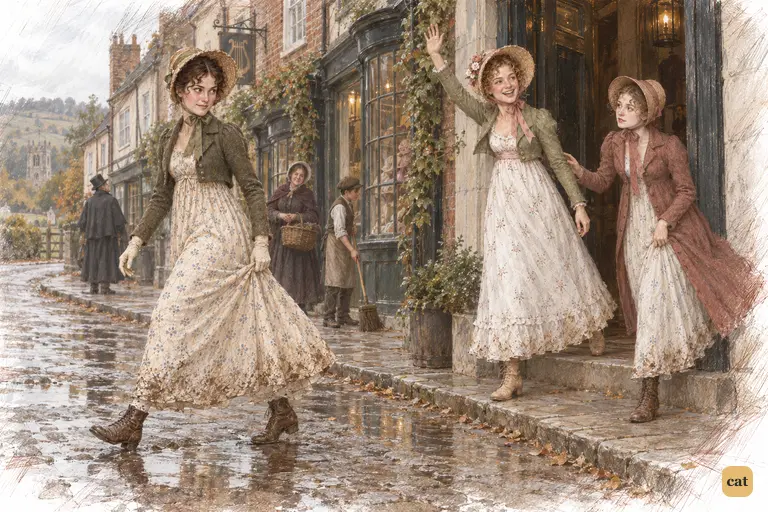 Elizabeth strides toward the fields as Lydia waves from a doorway and Kitty goes in