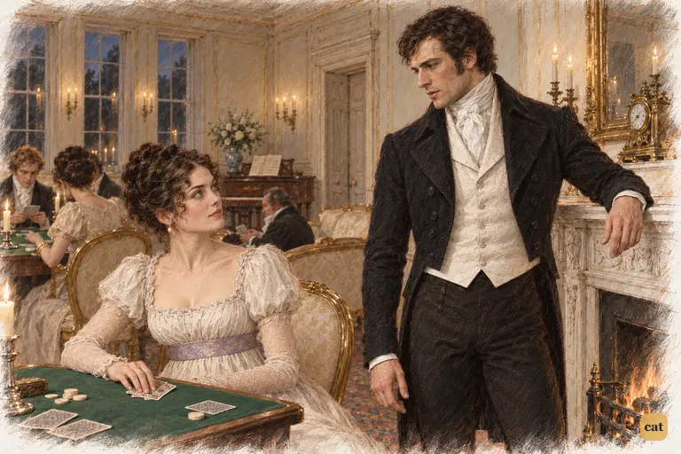 By the fire, Darcy calmly turns Caroline Bingley's accusation back on her flattery