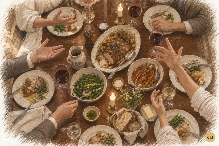 At Longbourn’s homecoming dinner, conversation flows across the crowded mahogany alongside the food.