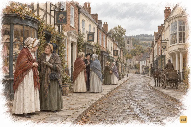 Elderly ladies exchange news of Lydia’s impending marriage outside Meryton’s shops.