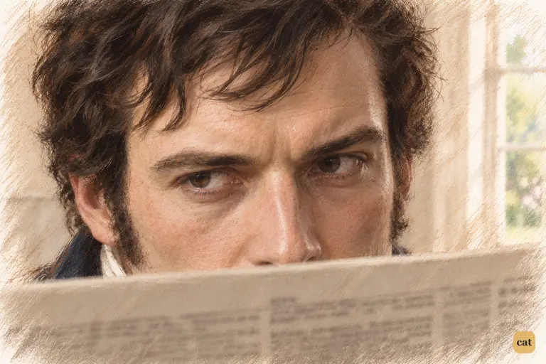 Darcy retreats behind the newspaper as he asks whether Elizabeth is pleased with Kent.