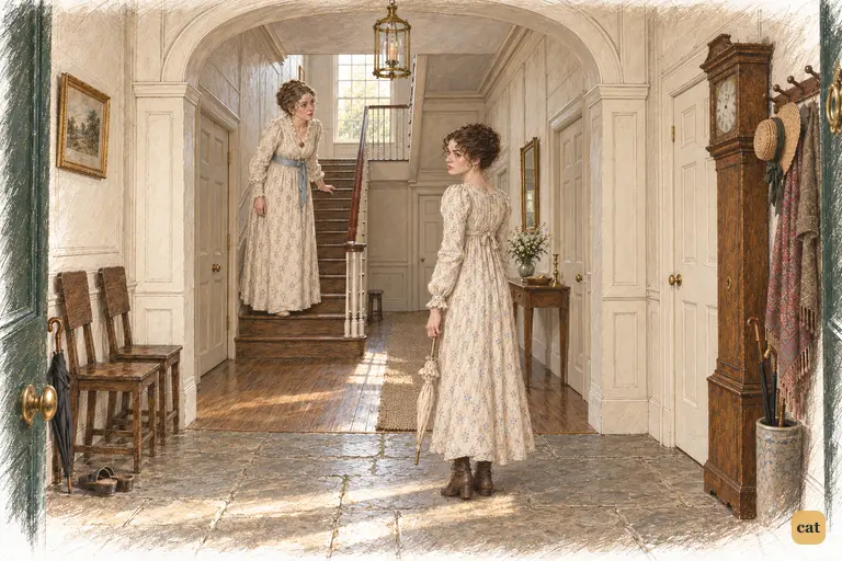 Elizabeth pauses at the top of Longbourn’s stairs, her folded parasol steady at her side.
