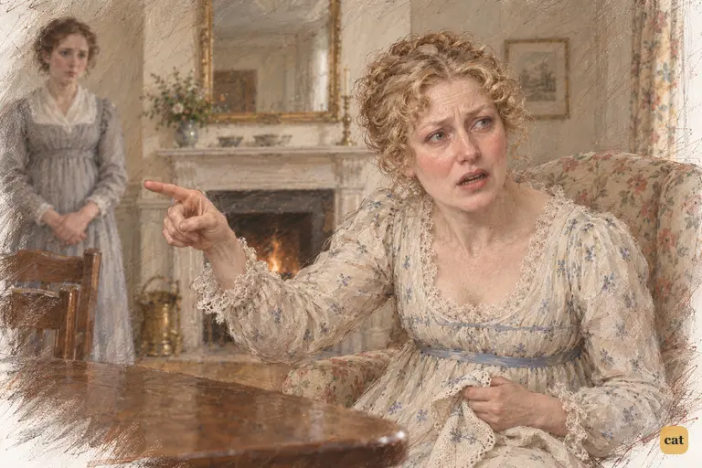 Mrs. Bennet points at Elizabeth, her angry warning turning to complaints of her suffering