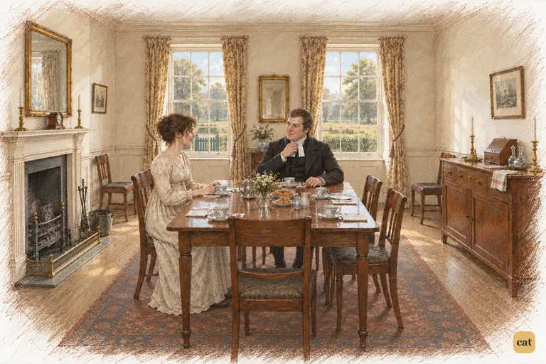 Elizabeth and Mr. Collins sit alone at the orderly breakfast table.