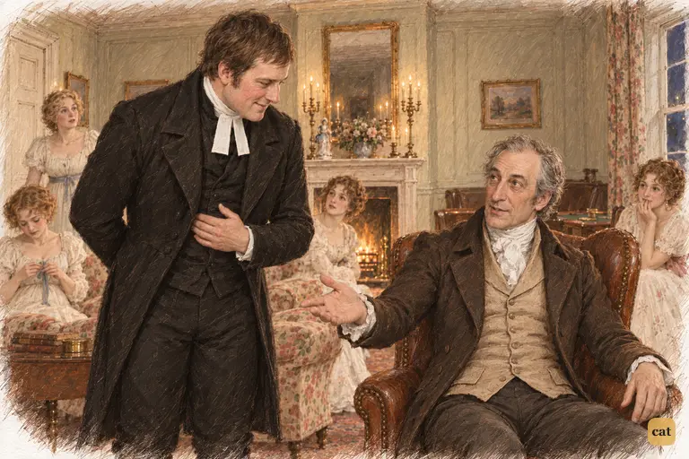 Mr. Bennet gestures to the door, warning Collins against Lady Catherine's displeasure
