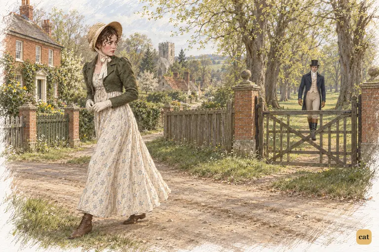 Elizabeth begins to retreat along the lane as a distant gentleman approaches through the grove.