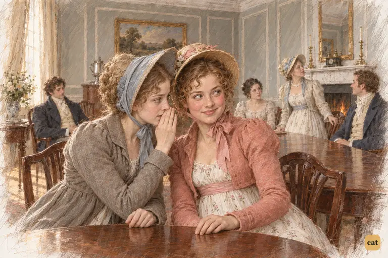 Kitty finishes whispering beneath the girls’ nearly touching bonnet brims.