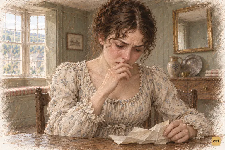 Elizabeth’s composure breaks as she mentions the news from Longbourn.