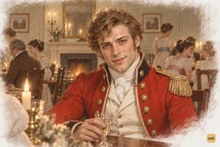 Wickham recoils at Elizabeth’s praise of Darcy, then hurriedly covers his alarm with a smile.