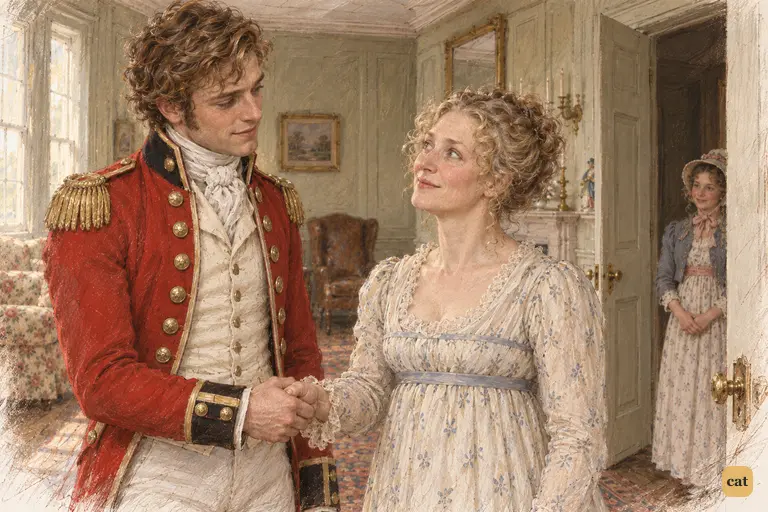 Wickham lingers over his farewell with smiles and courtesy, charming Mrs. Bennet