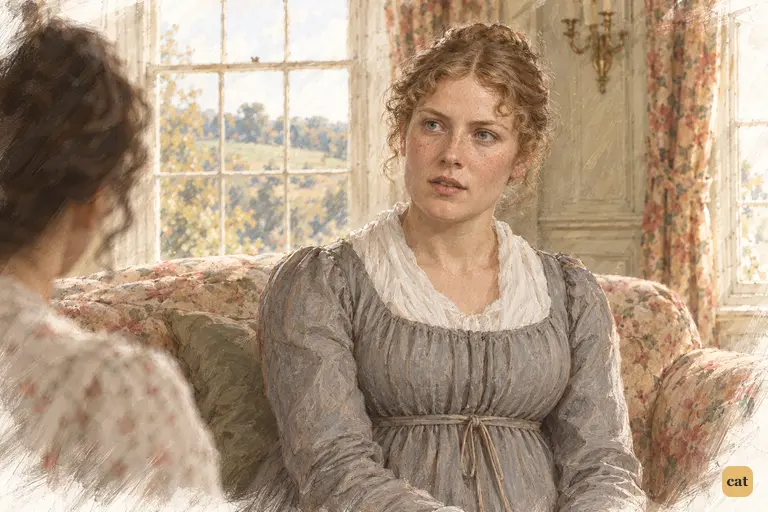 Charlotte Lucas lets her creed about marriage stand, her steady expression carrying quiet certainty.