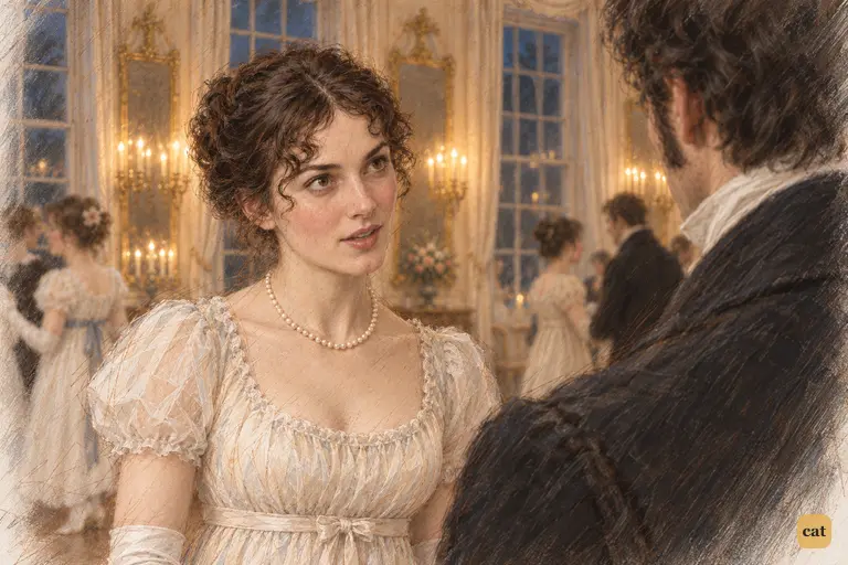 Elizabeth answers Darcy, her eyes wandering to the dancers beyond his shoulder