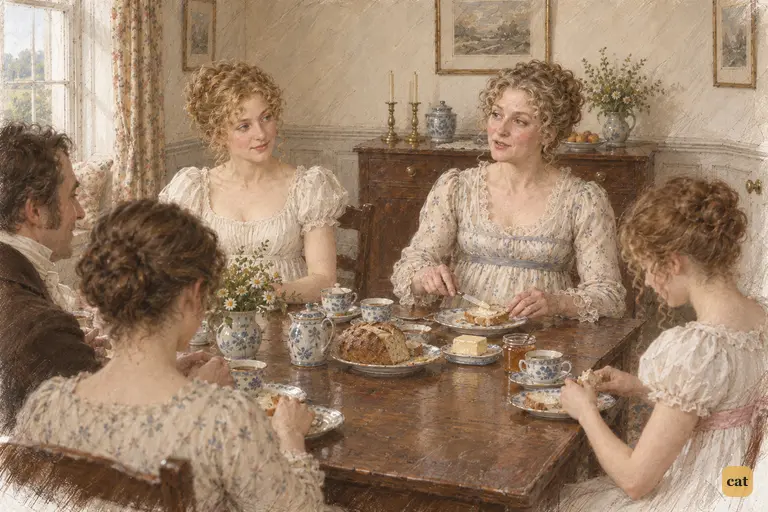 Mrs. Bennet guesses that Charlotte Lucas might visit and complacently praises her own dinners.