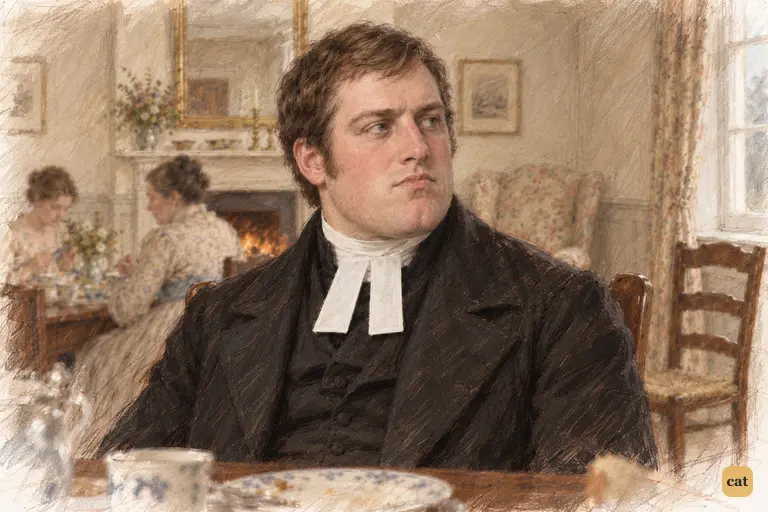 Mr. Collins carries his wounded pride into breakfast, chewing with ceremonious composure.