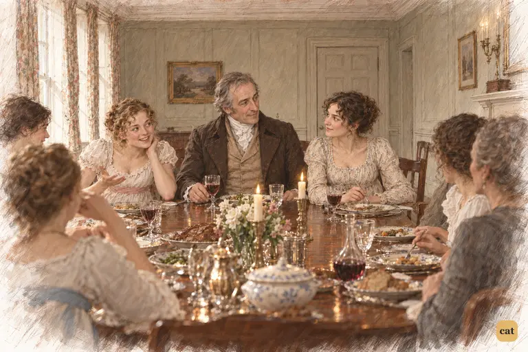 At Longbourn’s crowded homecoming dinner, Mr. Bennet quietly welcomes Elizabeth back.