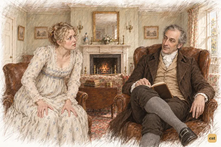 Mrs. Bennet leans forward to press her case while Mr. Bennet reclines with his open book.