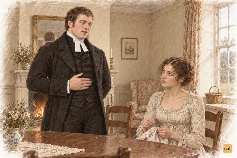 Mr. Collins, hand on his breast, solemnly warns of being carried away by his feelings
