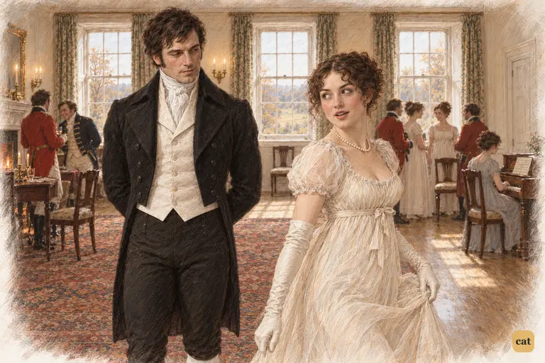 Elizabeth walks towards the pianoforte, turning back to direct a mock-solemn remark at Darcy.