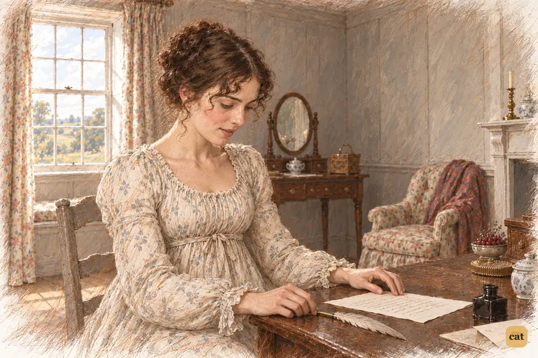 Elizabeth rests her hands beside her completed letter to Mrs. Gardiner.