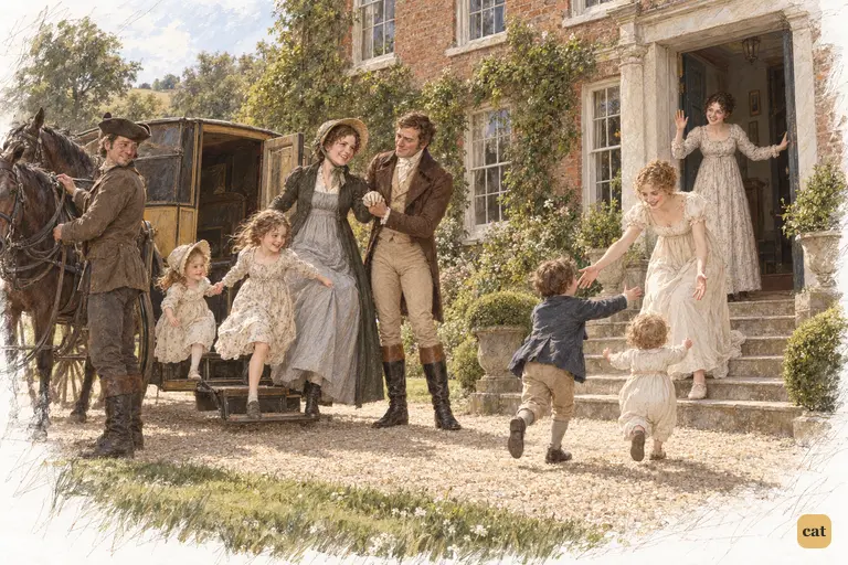 The Gardiners arrive at Longbourn on a bright July morning after four weeks of anticipation.