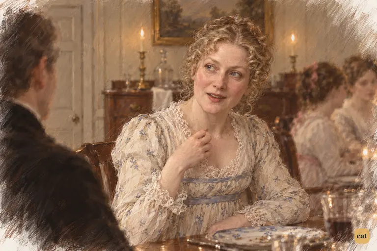 Mrs. Bennet leans toward Mr. Collins, asking curiously if his patroness lives nearby