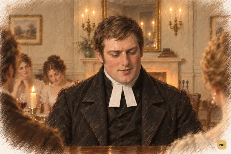 Mr. Collins dips his chin over the table, savouring his compliment to Lady Catherine