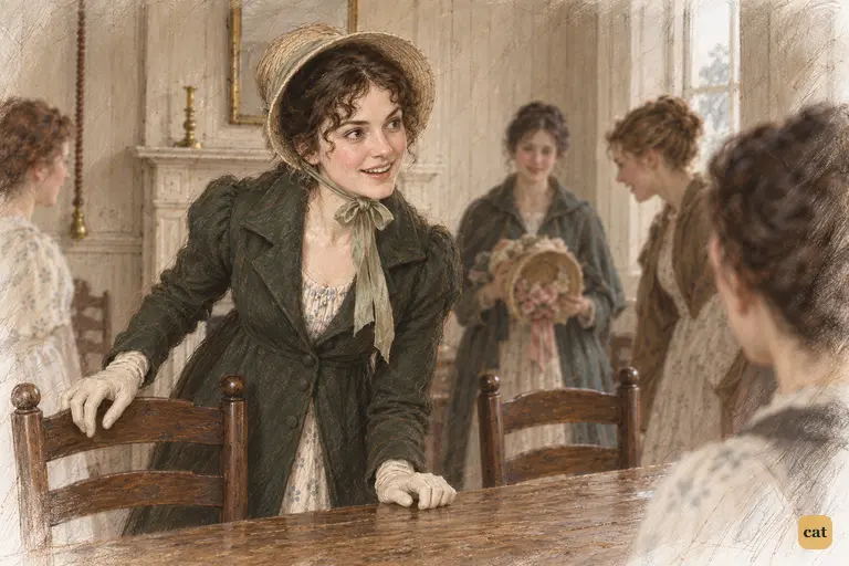 Elizabeth brightens at Lydia’s news that the regiment will soon leave Meryton.