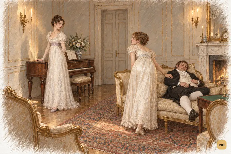 Caroline Bingley briskly calls for music, her hand settling on the closed pianoforte.
