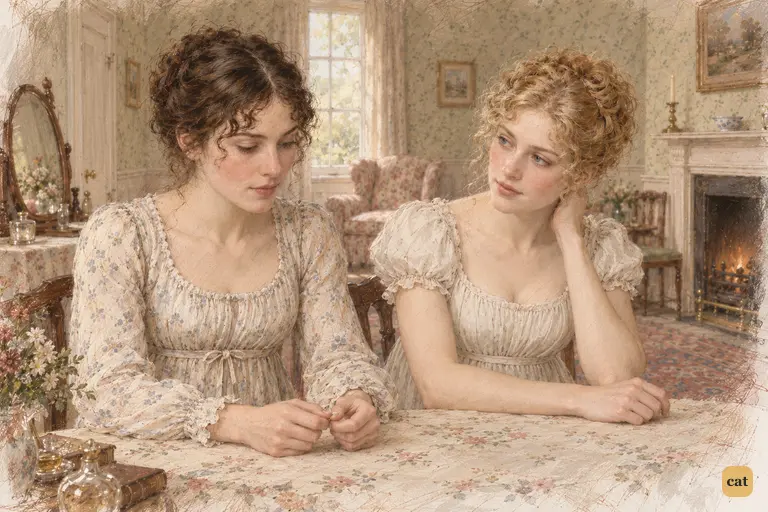 Jane turns toward Elizabeth with quiet concern as they sit together in Mrs. Bennet’s dressing-room.