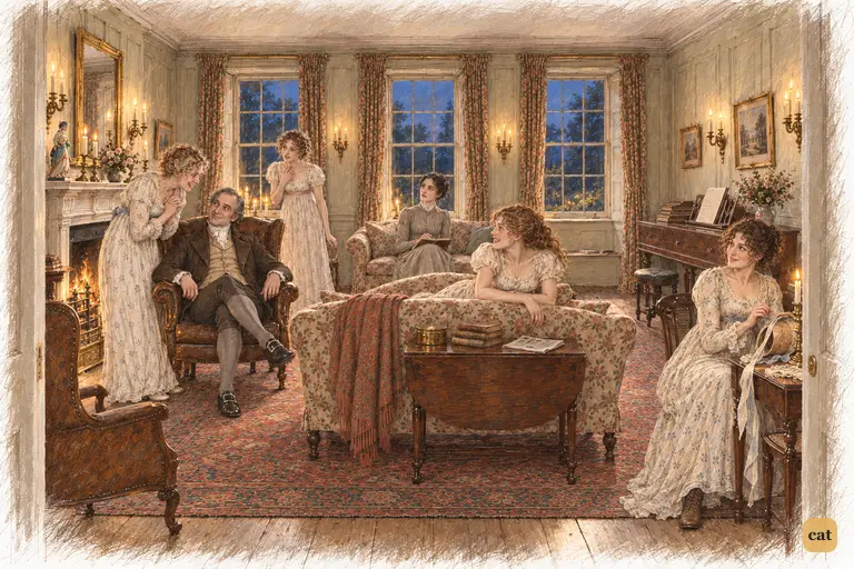 Mrs. Bennet leans over her husband's chair, triumphantly claiming credit for his concealed visit.