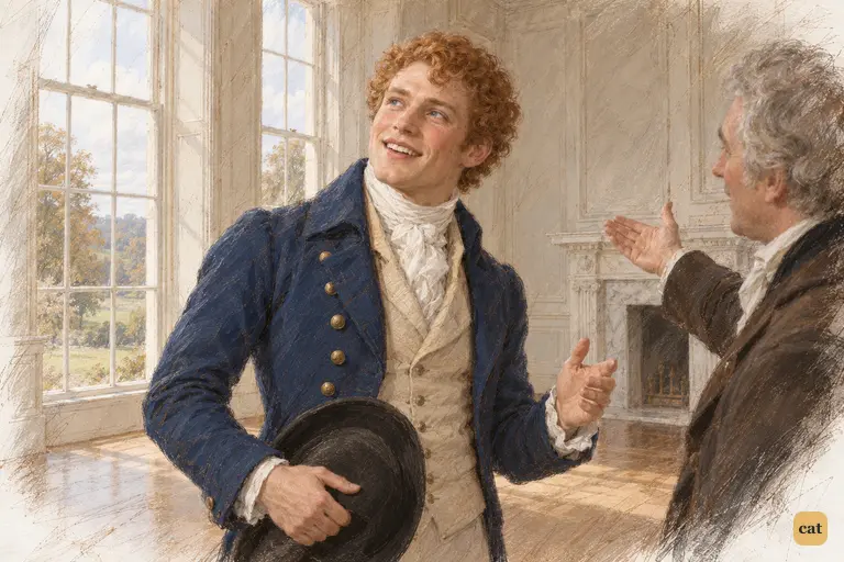 Charles Bingley smiles toward Netherfield’s sunlit windows as its owner praises the prospect.