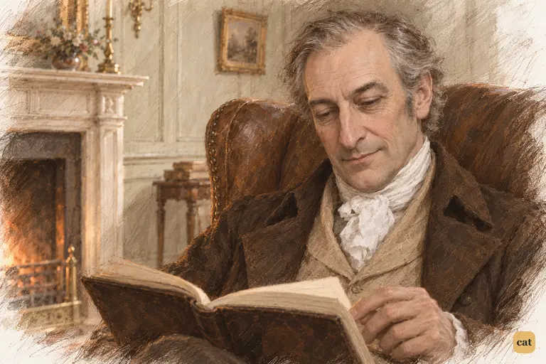 Mr. Bennet returns to his book after the exchange, settled beside the hearth.