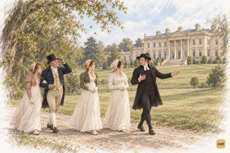 Five guests cross the spring park towards Rosings, its glittering façade dwarfing them