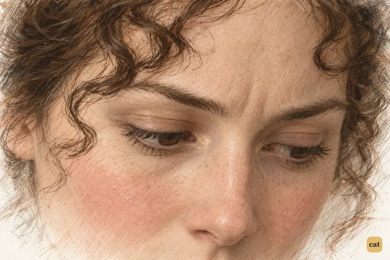 Elizabeth lowers her eyes as Lydia’s coarse words reveal a sentiment she once shared.