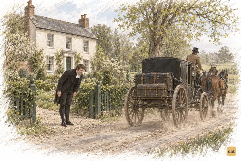 As the chaise leaves Hunsford, Mr. Collins holds his final ceremonial bow beside the garden gate.