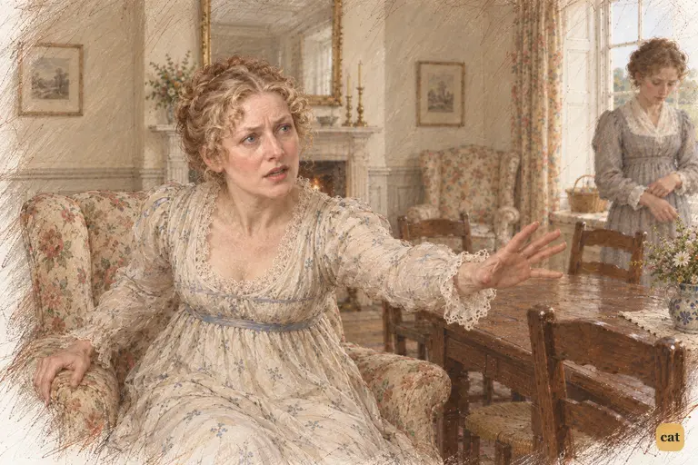 Mrs. Bennet claims the conversation with a sweeping command from her chintz armchair.