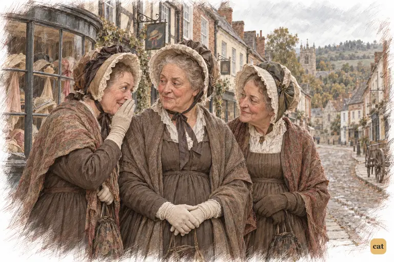 Three elderly ladies on Meryton High Street exchange news of Lydia’s promised marriage.