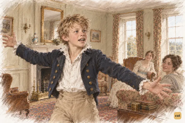 Young Lucas springs up at Longbourn, boasting jubilantly about foxhounds and wine