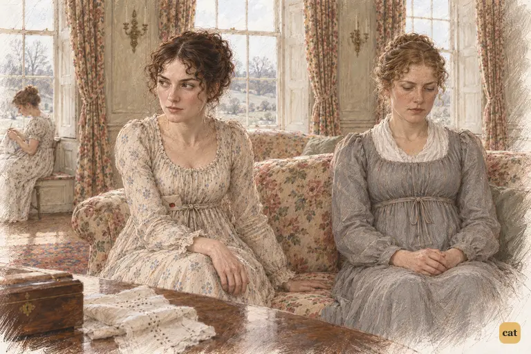 Elizabeth and Charlotte sit apart in restrained silence, the empty chintz between them