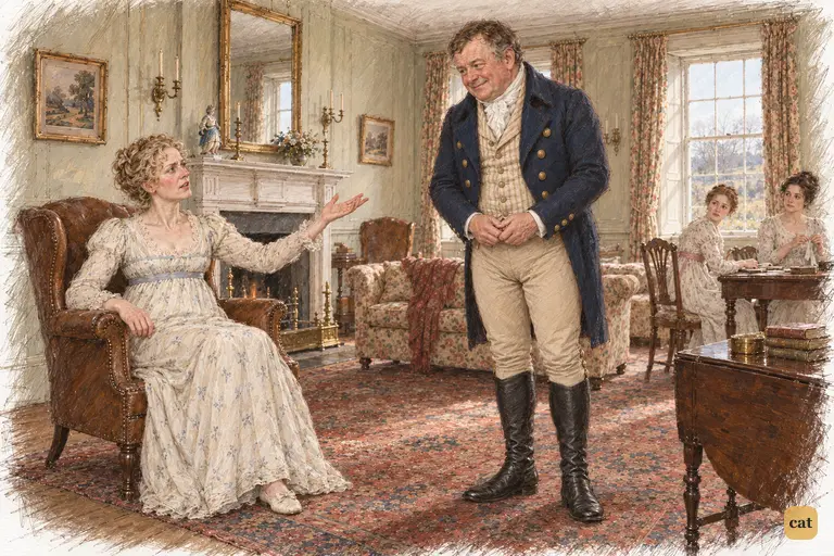 Mrs. Bennet sweeps aside the news of Charlotte’s engagement with an indignant gesture.
