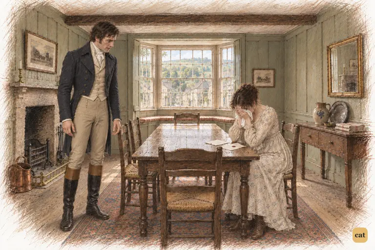 Elizabeth retreats into her handkerchief as Lydia’s danger overwhelms her private grief.