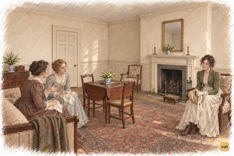Seated beside the hearth, Elizabeth receives the ladies’ eager account of the callers she missed.