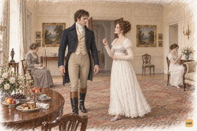 Caroline intercepts Darcy at the saloon door, pressing her criticism of Elizabeth