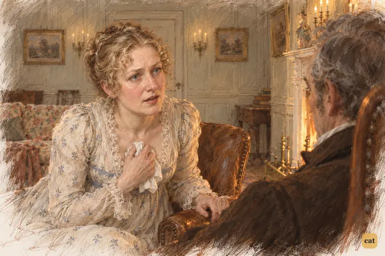 Mrs. Bennet leans forward, wounded, demanding why Mr. Collins should inherit their home