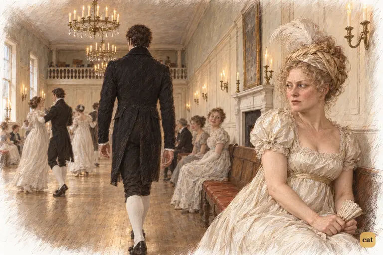 Mrs. Bennet follows Darcy with a furious look as he passes her bench.