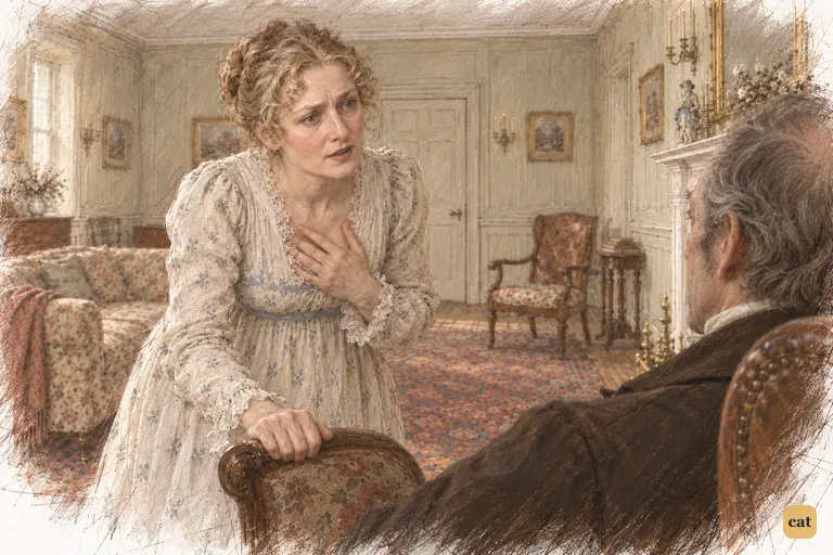 Mrs. Bennet leans over her husband's chair, pleading that he visit their new neighbour.