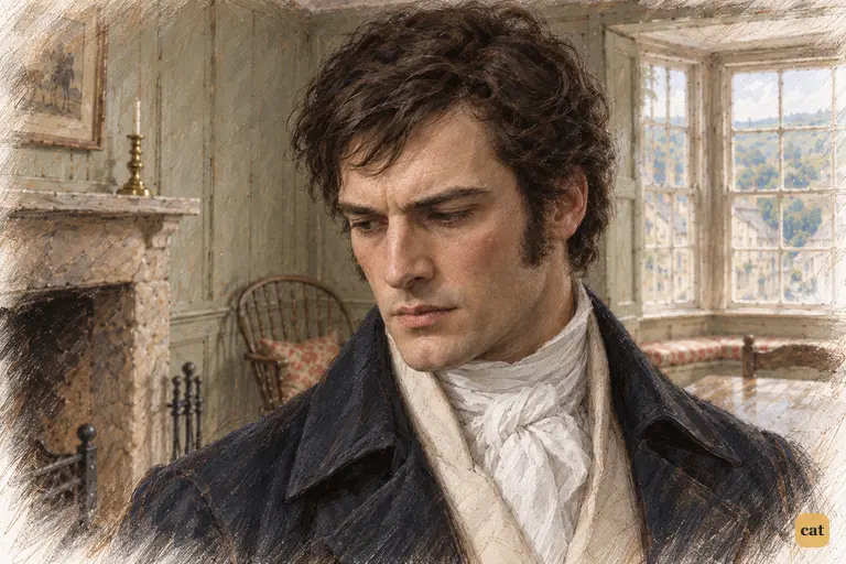 Darcy pauses beside the cold hearth, absorbed in troubled meditation.