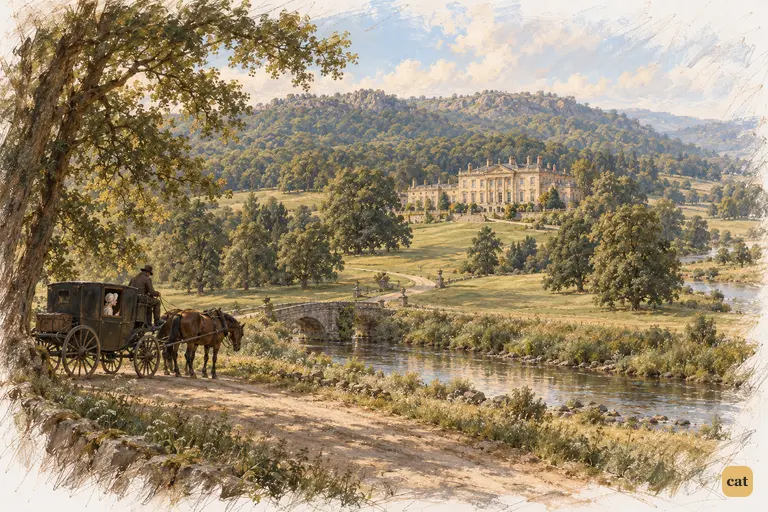 At the woodland crest, the travellers pause before the first whole view of Pemberley.